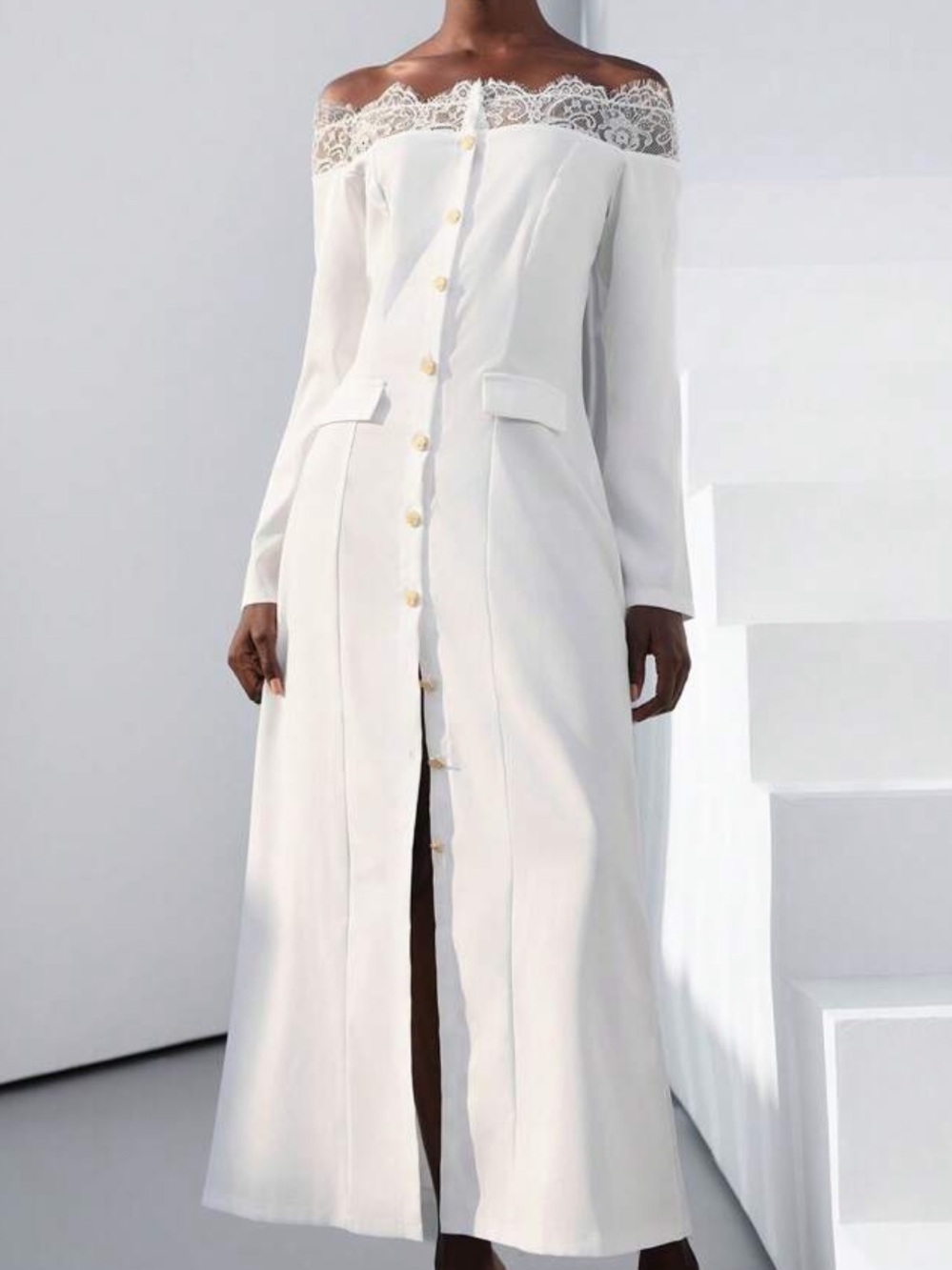Off-Shoulder Lace-Trim Button-Front White Dress